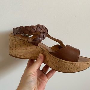 BORN Brown Leather Wedge Sandals Cork Heel
